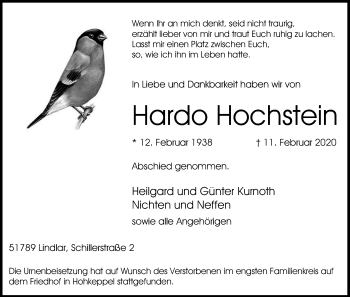 Anzeige von Hardo Hochstein von Kölner Stadt-Anzeiger / Kölnische Rundschau / Express