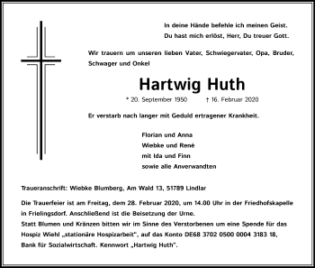 Anzeige von Hartwig Huth von Kölner Stadt-Anzeiger / Kölnische Rundschau / Express