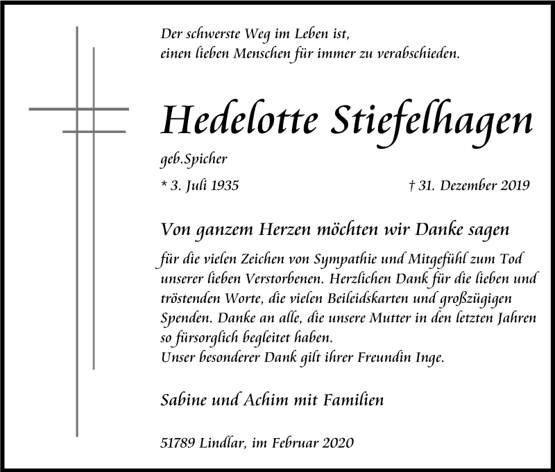  Traueranzeige für Hedelotte Stiefelhagen vom 29.02.2020 aus Kölner Stadt-Anzeiger / Kölnische Rundschau / Express