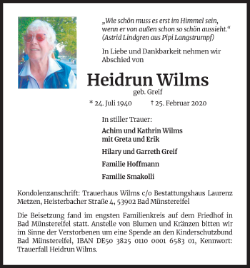 Anzeige von Heidrun Wilms von Kölner Stadt-Anzeiger / Kölnische Rundschau / Express