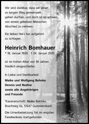 Anzeige von Heinrich Bomhauer von Kölner Stadt-Anzeiger / Kölnische Rundschau / Express