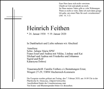 Anzeige von Heinrich Feithen von  Blickpunkt Euskirchen 