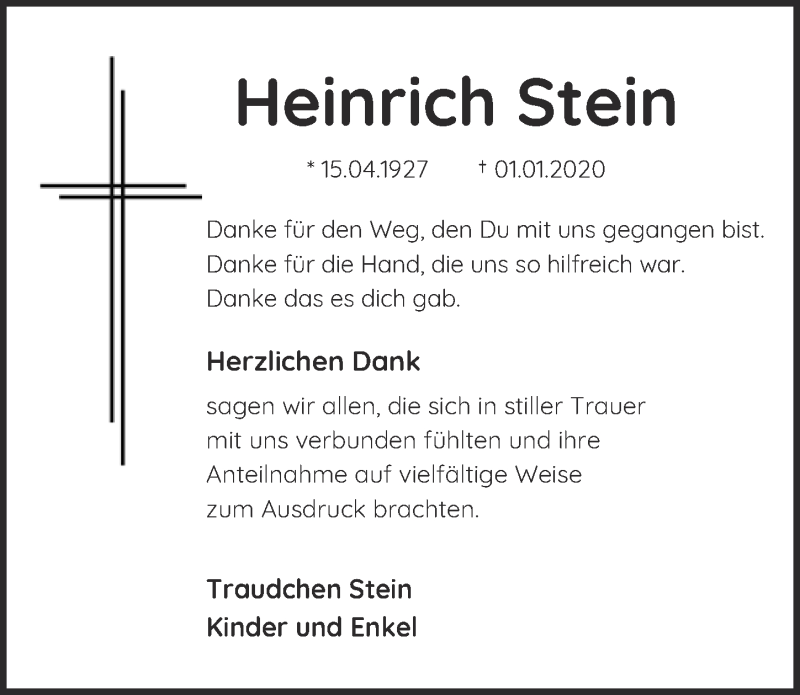  Traueranzeige für Heinrich Stein vom 22.02.2020 aus  Blickpunkt Euskirchen 