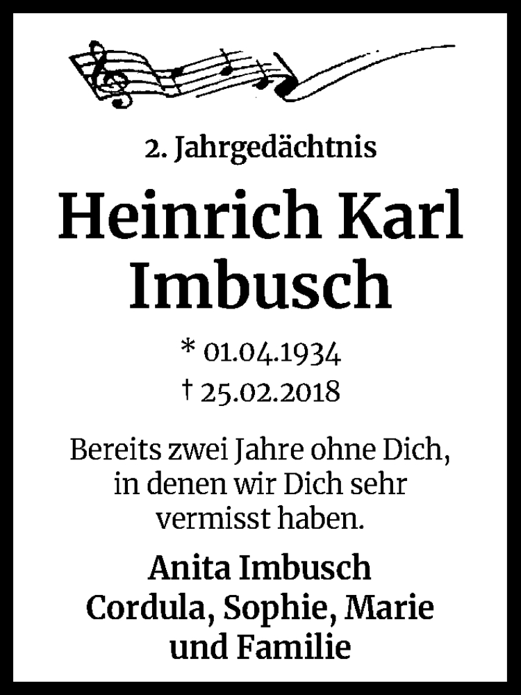  Traueranzeige für Heinrich Karl Imbusch vom 29.02.2020 aus Kölner Stadt-Anzeiger / Kölnische Rundschau / Express