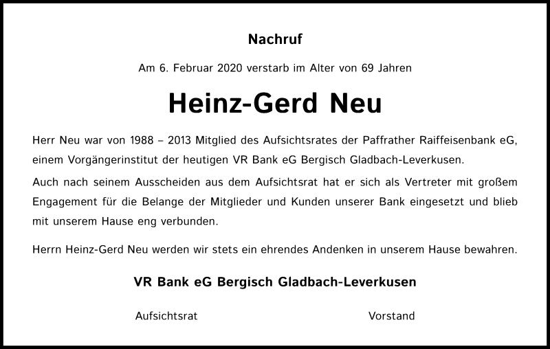  Traueranzeige für Heinz-Gerd Neu vom 14.02.2020 aus Kölner Stadt-Anzeiger / Kölnische Rundschau / Express