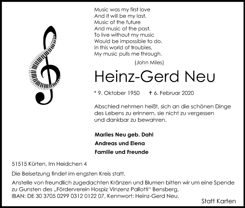  Traueranzeige für Heinz-Gerd Neu vom 12.02.2020 aus Kölner Stadt-Anzeiger / Kölnische Rundschau / Express