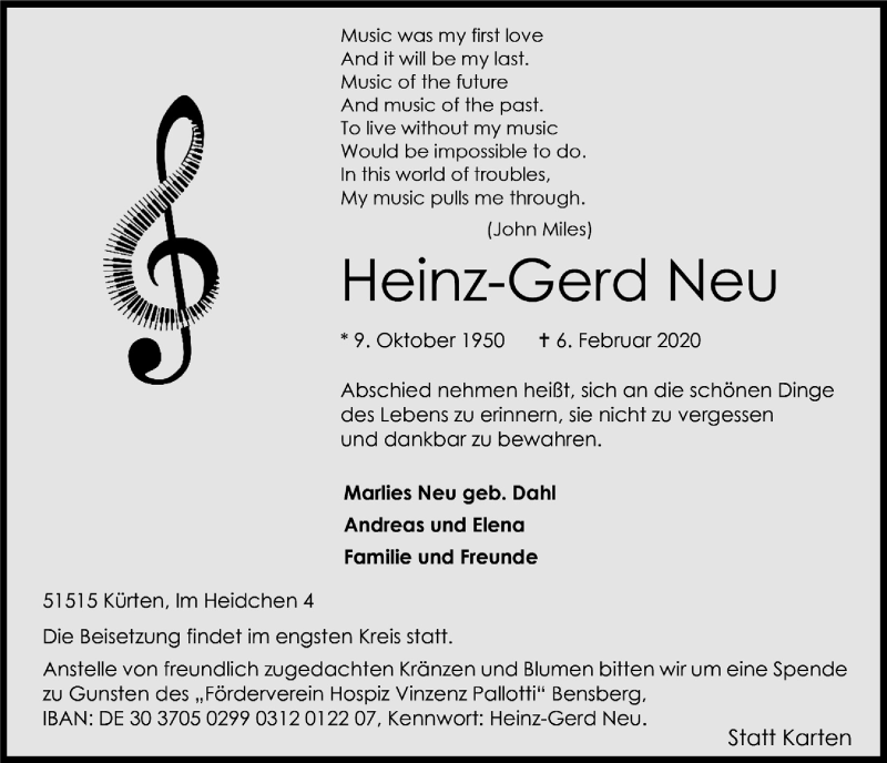 Traueranzeige für Heinz-Gerd Neu vom 12.02.2020 aus  Bergisches Handelsblatt 