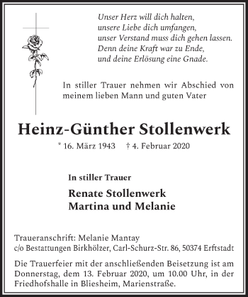 Anzeige von Heinz-Günther Stollenwerk von  Sonntags-Post 