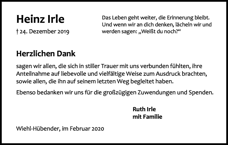  Traueranzeige für Heinz Irle vom 15.02.2020 aus Kölner Stadt-Anzeiger / Kölnische Rundschau / Express