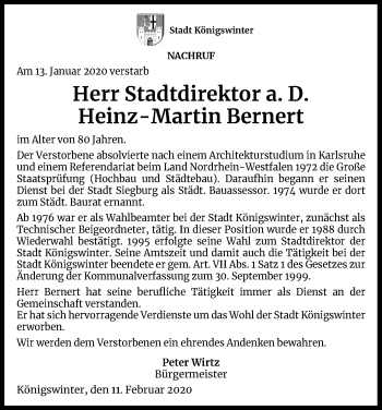 Anzeige von Heinz-Martin Bernert von Kölner Stadt-Anzeiger / Kölnische Rundschau / Express