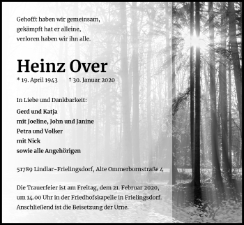 Anzeige von Heinz Over von Kölner Stadt-Anzeiger / Kölnische Rundschau / Express