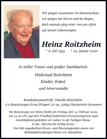 Anzeige von Heinz Roitzheim von  Blickpunkt Euskirchen 