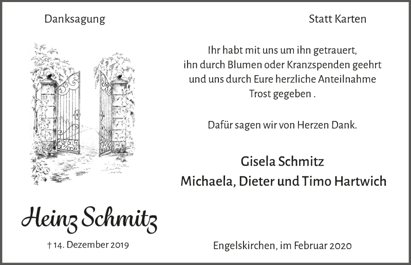  Traueranzeige für Heinz Schmitz vom 19.02.2020 aus  Anzeigen Echo 