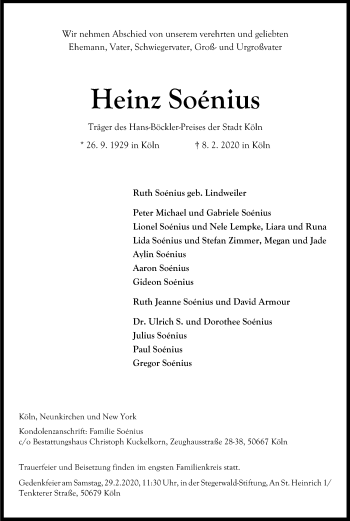Anzeige von Heinz Soenius von Kölner Stadt-Anzeiger / Kölnische Rundschau / Express