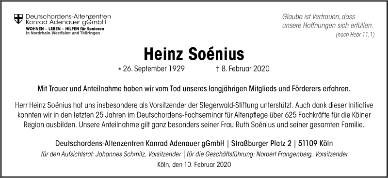  Traueranzeige für Heinz Soenius vom 18.07.2023 aus Kölner Stadt-Anzeiger / Kölnische Rundschau / Express