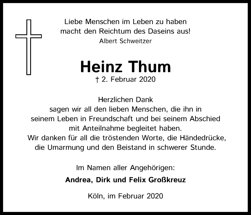  Traueranzeige für Heinz Thum vom 29.02.2020 aus Kölner Stadt-Anzeiger / Kölnische Rundschau / Express