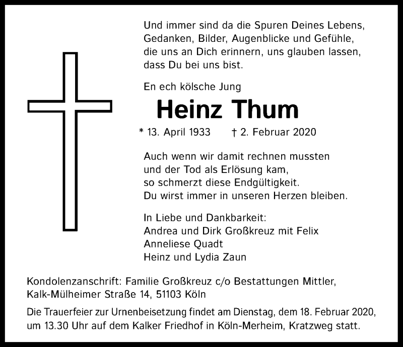  Traueranzeige für Heinz Thum vom 12.02.2020 aus Kölner Stadt-Anzeiger / Kölnische Rundschau / Express
