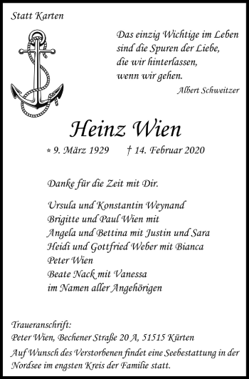 Anzeige von Heinz Wien von  Bergisches Handelsblatt 