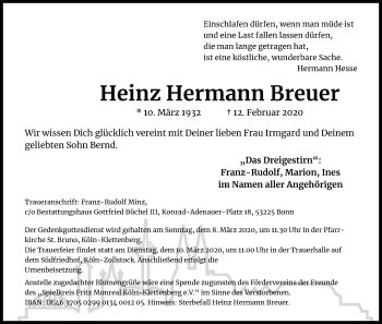 Anzeige von Heinz Hermann Breuer von Kölner Stadt-Anzeiger / Kölnische Rundschau / Express