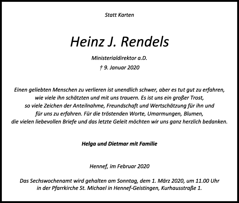  Traueranzeige für Heinz J. Rendels vom 15.02.2020 aus Kölner Stadt-Anzeiger / Kölnische Rundschau / Express