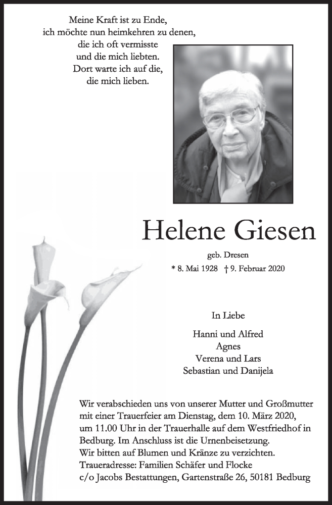  Traueranzeige für Helene Giesen vom 29.02.2020 aus  Sonntags-Post 