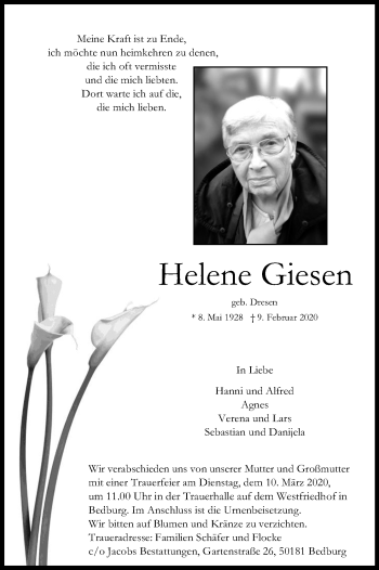 Anzeige von Helene Giesen von Kölner Stadt-Anzeiger / Kölnische Rundschau / Express