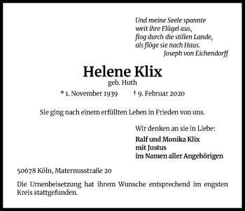 Anzeige von Helene Klix von Kölner Stadt-Anzeiger / Kölnische Rundschau / Express