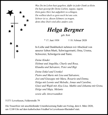 Anzeige von Helga Bergner von Kölner Stadt-Anzeiger / Kölnische Rundschau / Express