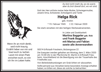 Anzeige von Helga Rick von  Sonntags-Post 