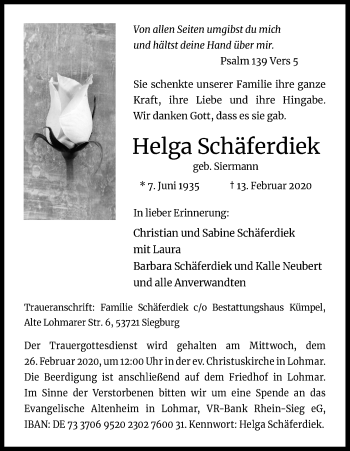 Anzeige von Helga Schäferdiek von Kölner Stadt-Anzeiger / Kölnische Rundschau / Express