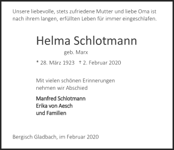 Anzeige von Helma Schlotmann von Kölner Stadt-Anzeiger / Kölnische Rundschau / Express