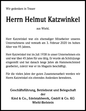 Anzeige von Helmut Katzwinkel von Kölner Stadt-Anzeiger / Kölnische Rundschau / Express