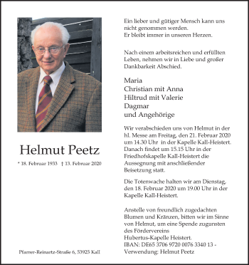 Anzeige von Helmut Peetz von Kölner Stadt-Anzeiger / Kölnische Rundschau / Express