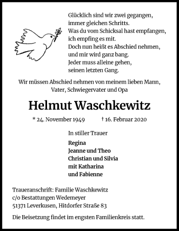 Anzeige von Helmut Waschkewitz von Kölner Stadt-Anzeiger / Kölnische Rundschau / Express
