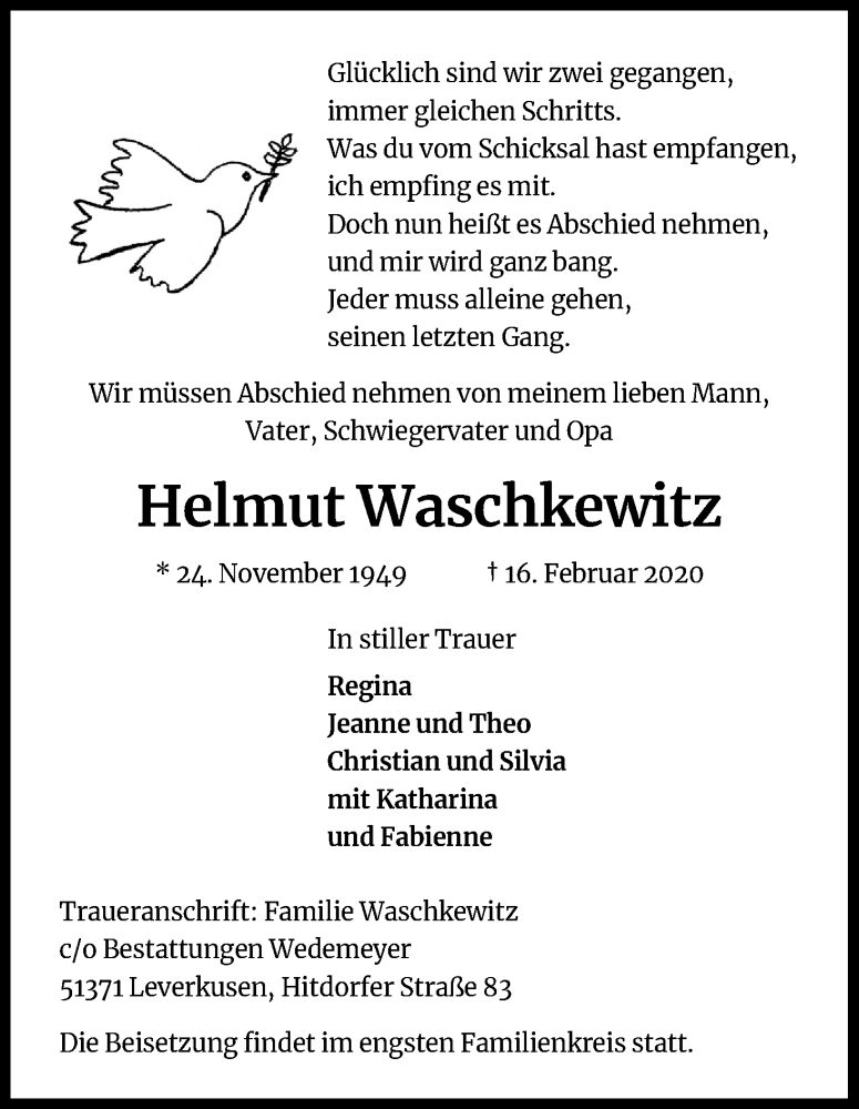  Traueranzeige für Helmut Waschkewitz vom 29.02.2020 aus Kölner Stadt-Anzeiger / Kölnische Rundschau / Express