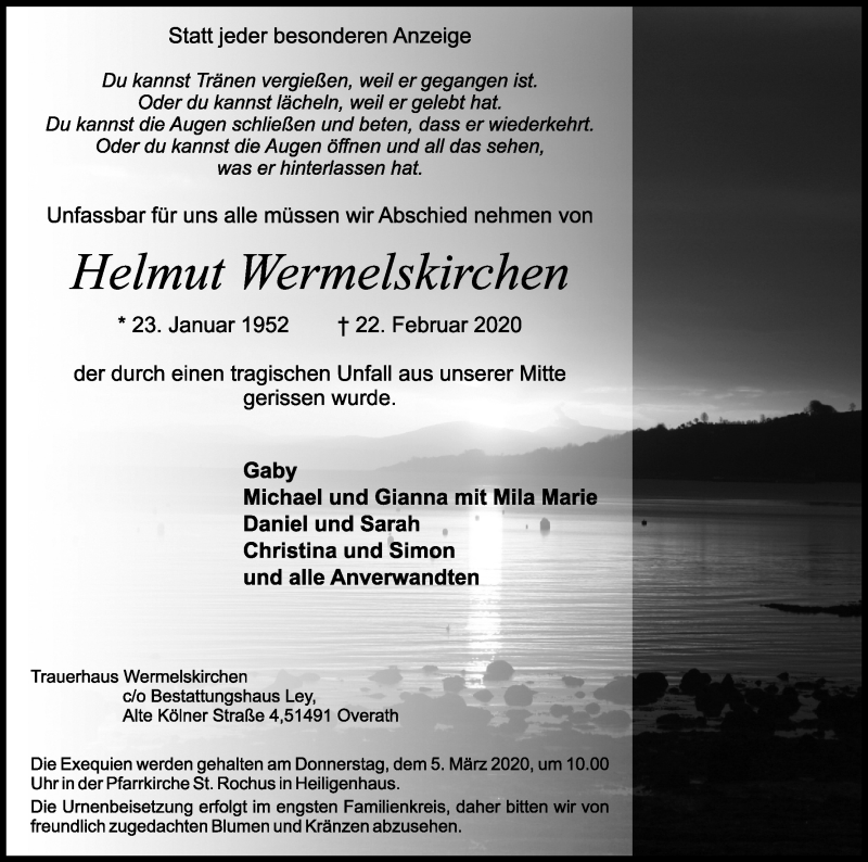  Traueranzeige für Helmut Wermelskirchen vom 29.02.2020 aus Kölner Stadt-Anzeiger / Kölnische Rundschau / Express