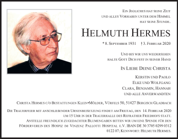 Anzeige von Helmuth Hermes von Kölner Stadt-Anzeiger / Kölnische Rundschau / Express