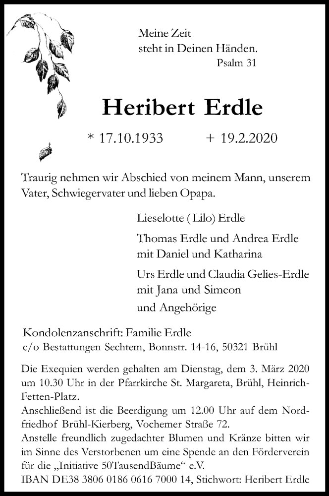  Traueranzeige für Heribert Erdle vom 29.02.2020 aus Kölner Stadt-Anzeiger / Kölnische Rundschau / Express