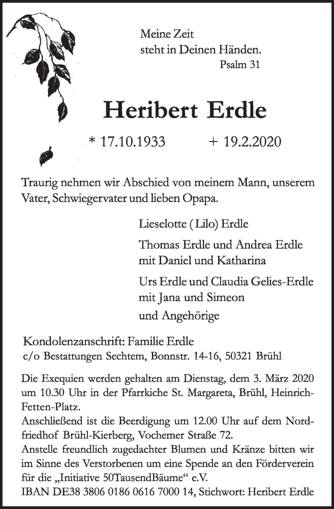  Traueranzeige für Heribert Erdle vom 26.02.2020 aus  Schlossbote/Werbekurier 