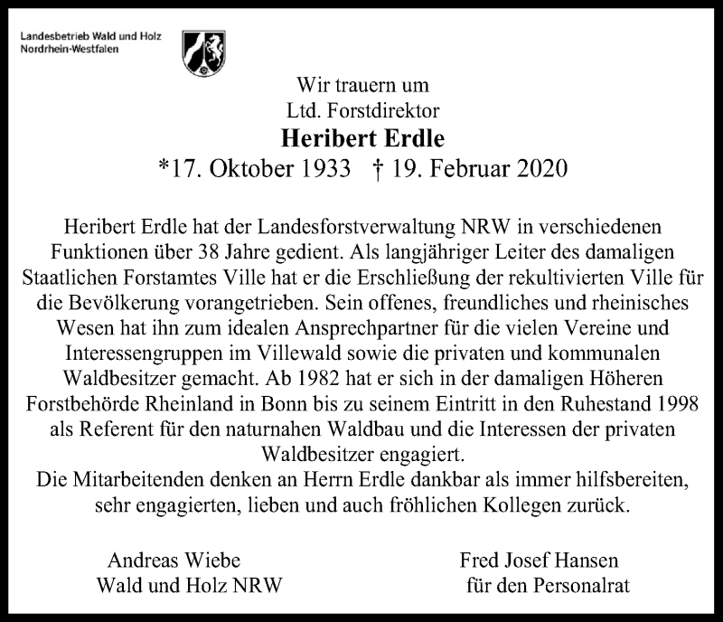  Traueranzeige für Heribert Erdle vom 29.02.2020 aus Kölner Stadt-Anzeiger / Kölnische Rundschau / Express