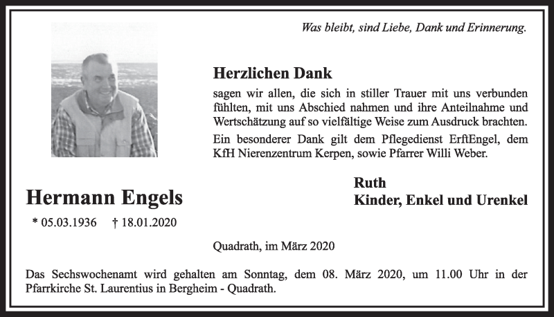  Traueranzeige für Hermann Engels vom 29.02.2020 aus  Sonntags-Post 