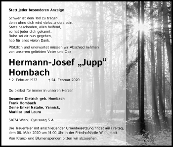 Anzeige von Hermann-Josef  Hombach von Kölner Stadt-Anzeiger / Kölnische Rundschau / Express