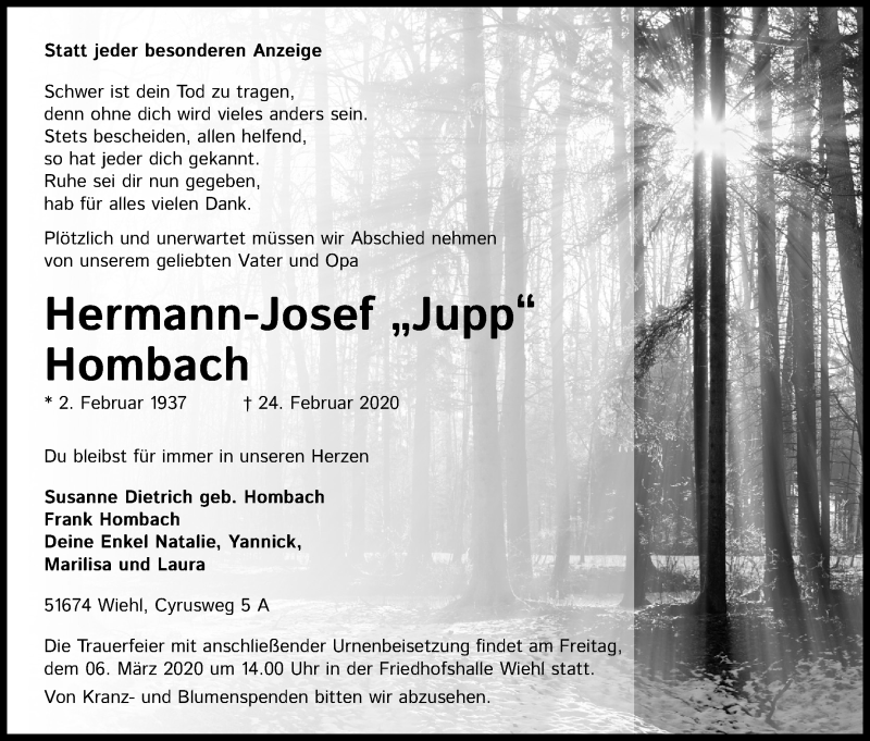  Traueranzeige für Hermann-Josef  Hombach vom 29.02.2020 aus Kölner Stadt-Anzeiger / Kölnische Rundschau / Express