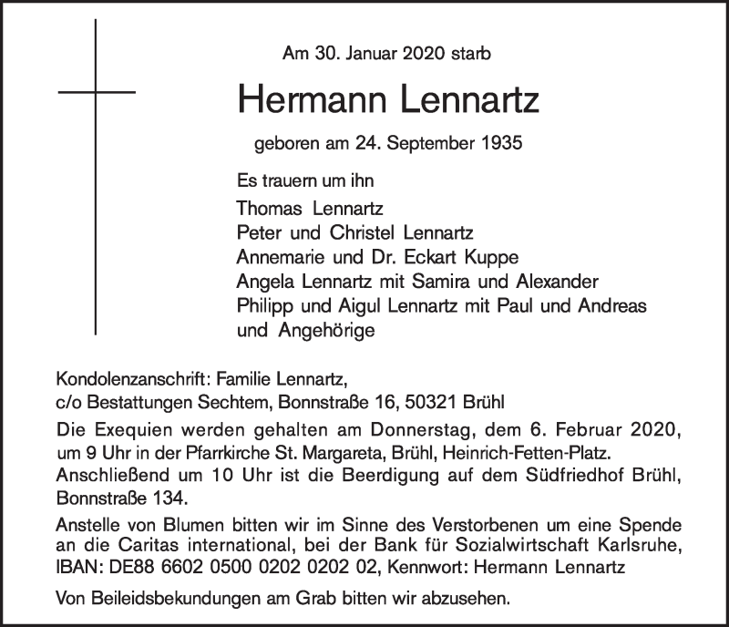  Traueranzeige für Hermann Lennartz vom 05.02.2020 aus  Schlossbote/Werbekurier 
