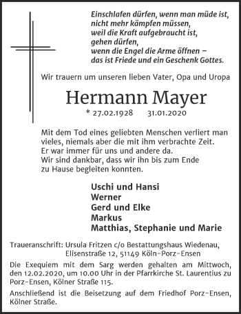 Anzeige von Hermann Mayer von  Kölner Wochenspiegel 