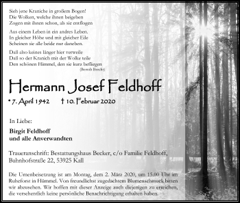 Anzeige von Hermann Josef Feldhoff von Kölner Stadt-Anzeiger / Kölnische Rundschau / Express