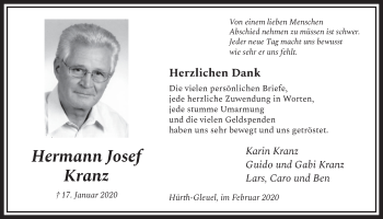 Anzeige von Hermann Josef Kranz von  Sonntags-Post 