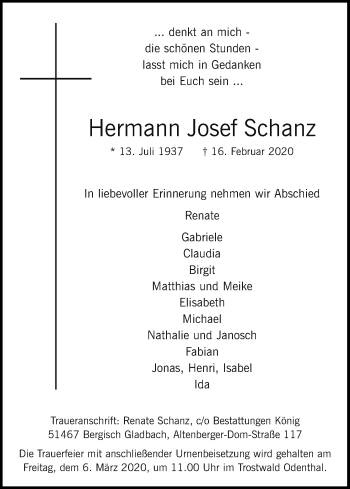 Anzeige von Hermann Josef Schanz von Kölner Stadt-Anzeiger / Kölnische Rundschau / Express