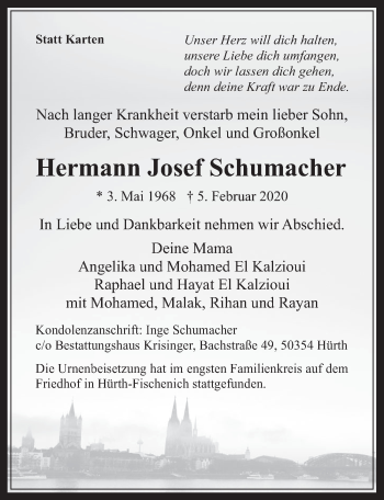 Anzeige von Hermann Josef Schumacher von  Wochenende 