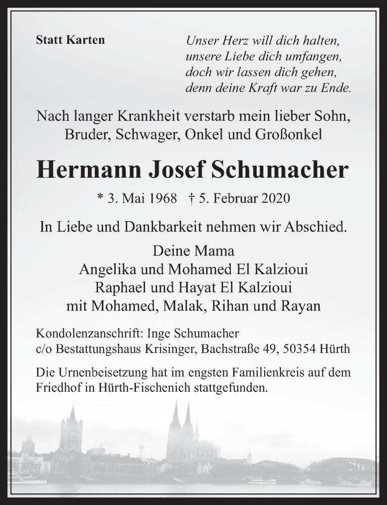  Traueranzeige für Hermann Josef Schumacher vom 19.02.2020 aus  Wochenende 